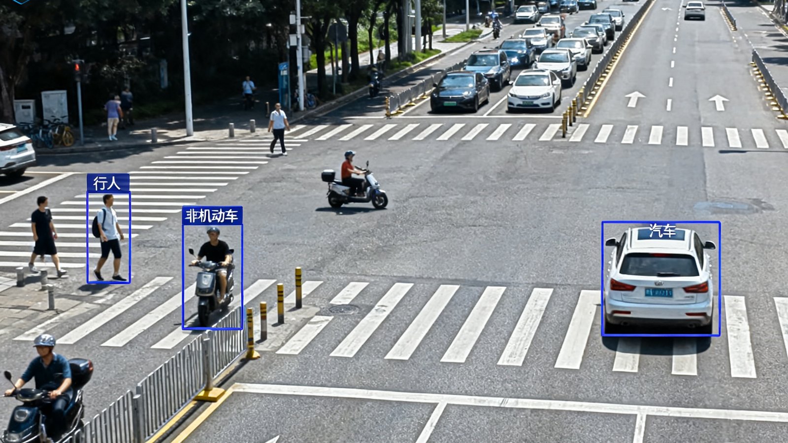 平安城市项目中的城市主干道监控画面，AI分析框标注出行人、非机动车和汽车，画面左上角显示实时车流量统计，底部滚动着今日告警列表