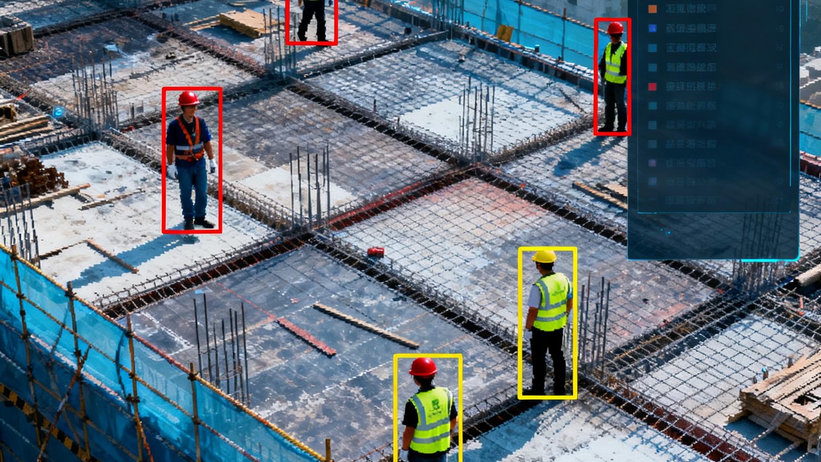 建筑工地高空俯瞰监控画面，AI系统用红色框标注出未佩戴安全帽的工人，黄色框标注出未穿反光背心的人员，画面右侧弹出违规记录列表