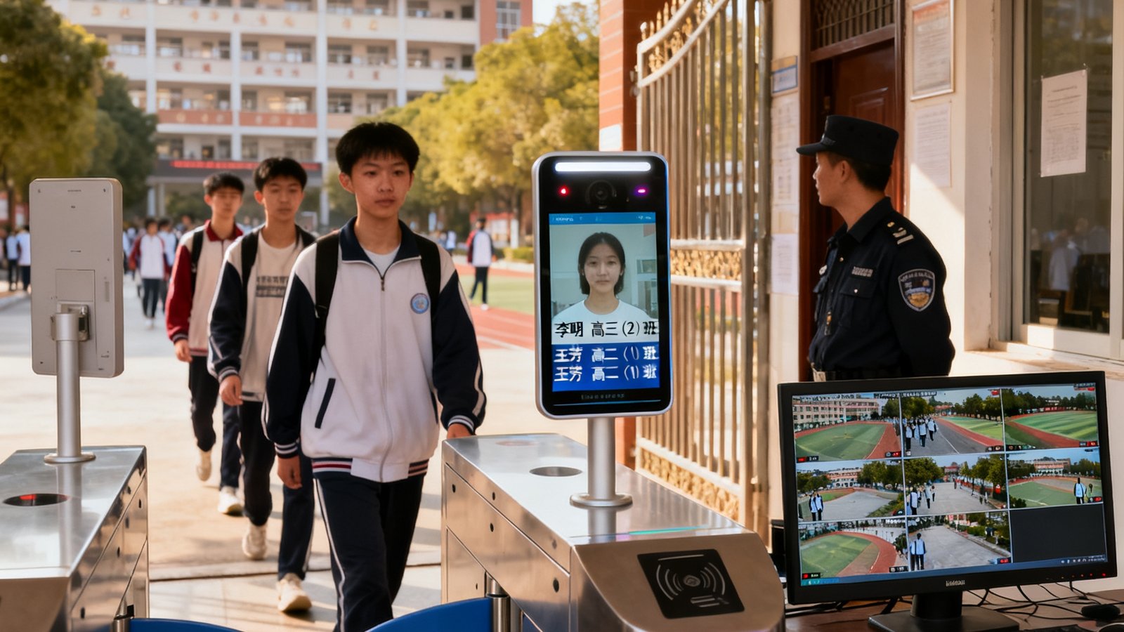一所中学校门口的场景，学生们正有序通过人脸识别闸机，闸机屏幕显示每位学生的姓名和班级，旁边保安室内监控屏实时展示全校摄像头画面